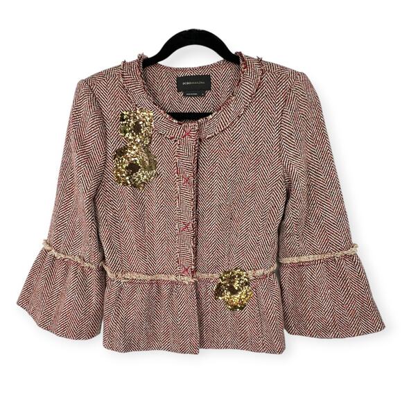 BCBG Max Azria | S | Herringbone Tweed Sequin Floral Bell Sleeve Peplum Blazer - Picture 1 of 7